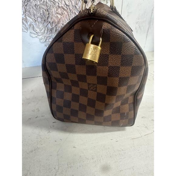 Louis Vuitton Damier Ebene Canvas Monogram Speedy 30 Tote Bag Brown - Picture 6 of 13